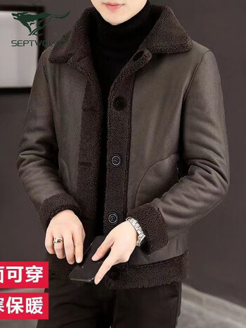 绒外套男士秋冬季两双面穿休闲夹克男装加绒加厚深咖色翻领l95110斤