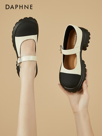 达芙妮甜美浅口玛丽珍鞋女春夏新款粗跟厚底小个子增高黑白配色百搭单