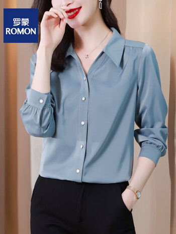衬衫女2023春秋季新款休闲长袖衬衣雪纺衫蓝色设计感小众上衣雾霾蓝m