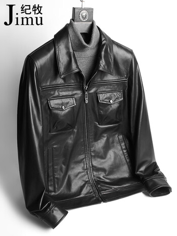 纪牧(jimu)头层胎牛皮海宁真皮皮衣男机车皮夹克翻领青年韩版修身短款