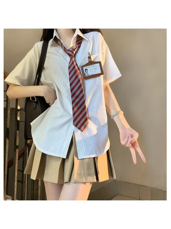 eynl布丁熊原创~jk衬衫上衣条纹夏装女新款外套宽松短袖蓝色衬衣2023