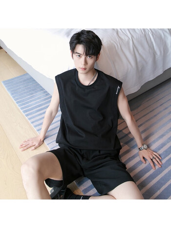 佰德玛西里男装字母刺绣坎肩t恤男夏季宽松休闲运动无袖背心黑色s