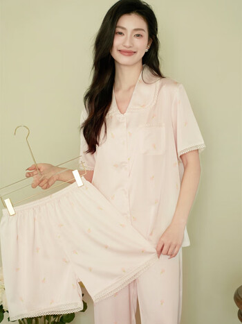 莫代尔夏季薄款睡衣女冰丝新款短袖长裤三件套装夏天缎面短裤甜美家居