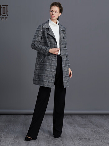 颜域女装冬装新款英伦风双面毛呢大衣女士中长款格子外套灰格xl42
