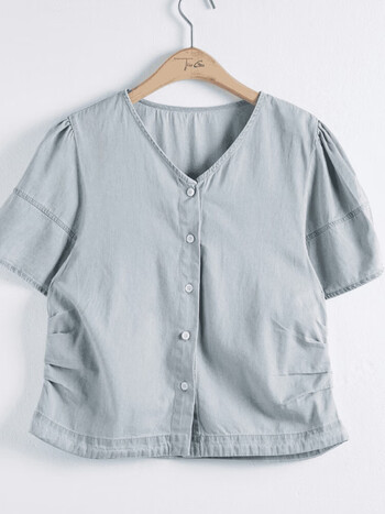 拉夏贝尔时尚v领牛仔衬衫夏装新款设计感腰部褶皱短袖衬衣女 浅蓝色