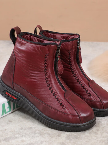 妈妈鞋棉鞋女秋冬季加绒平底防滑老人奶奶短靴中老年人保暖雪地靴红色