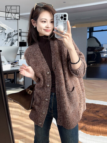 秋霜羊驼绒开衫复古慵懒宽松口袋v领针织衫毛衣外套新款羊绒衫女 咖