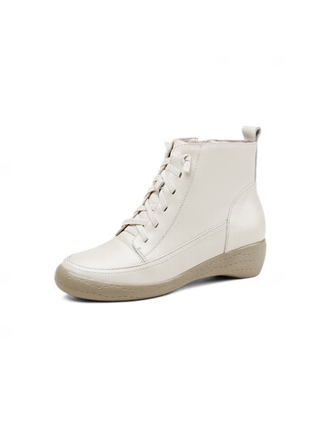 法慕芙真皮马丁靴女秋冬靴子休闲白色短靴软底女鞋加绒妈妈皮鞋 米