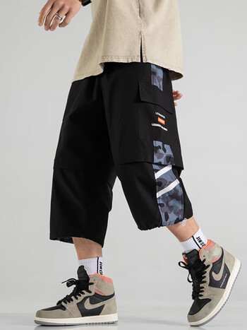 奔(roekin)1212七分裤夏季男薄款工装裤高街ins八分短裤休闲短裤 黑色