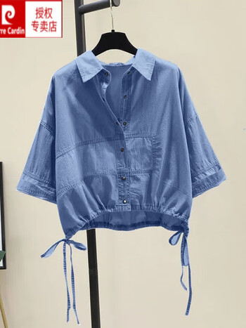 皮尔卡丹(pierre cardin)蓝色牛仔衬衫女夏季短款小众