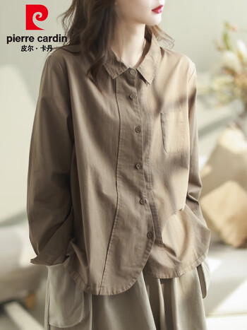 春季文艺纯色上衣设计感小众简约气质开衫衬衣卡其色m建议120斤以内