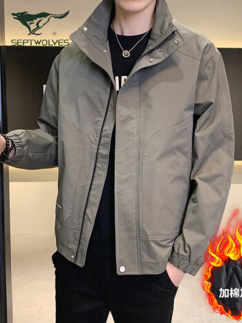 轻奢男装夹克外套男士秋冬季翻领上衣韩版潮牌休闲风衣商务绿色加绒m