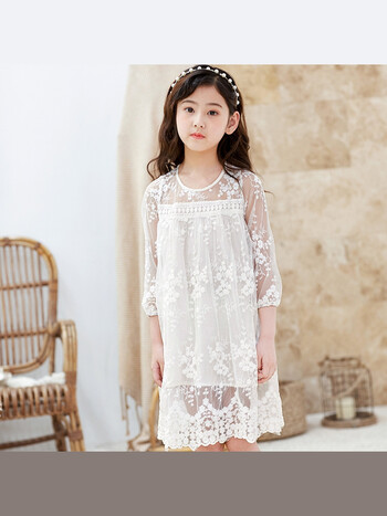 织蚕612岁女童连衣裙女童蕾丝连衣裙2022夏季韩版中大童网纱裙儿童