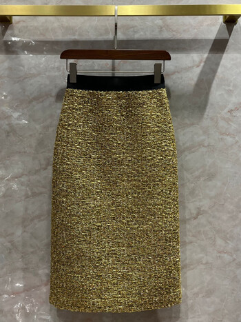 采颜 轻奢气质精选半身裙女士秋冬装金色纱线珠片半身裙女气质纯色
