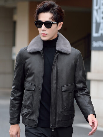 脱卸中年皮夹克水貂领冬保暖外套中老年休闲加厚皮大衣潮翻领高级皮衣