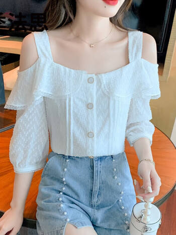 季法思一字肩上衣女夏设计感白色吊带衬衫小众荷叶边短袖雪纺衫白色s9
