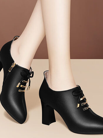 卓诗尼单鞋时尚新款春秋季春鞋百搭上班工作粗跟高跟小皮鞋女鞋子9329