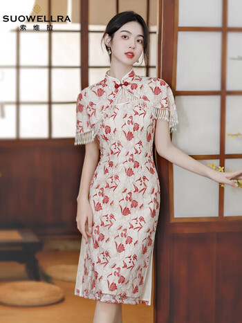 索维拉suowellra旗袍2023年新款红色新娘秋冬订婚礼服改良连衣裙流苏