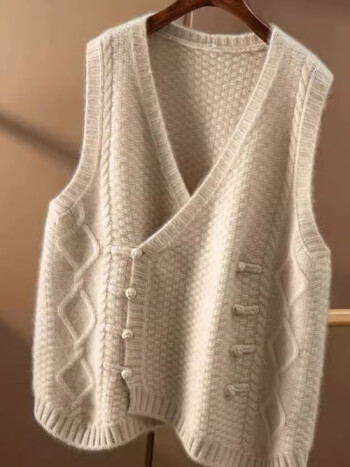 恒源祥2023年春秋新款针织背心中式双排扣羊绒开衫毛衣马甲女妈m妈装