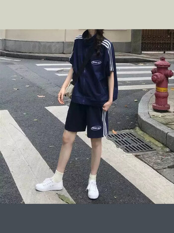 苜戈夏季运动休闲套装女韩版学院风女学生短袖短裤宽松舒适跑步两件套