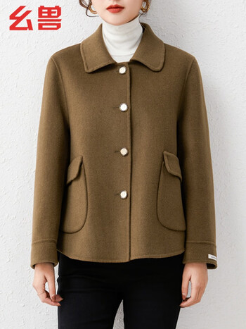 幺兽 双面呢大衣女短款宽松毛呢大衣简约翻领韩版外套春秋 腾棕色 s