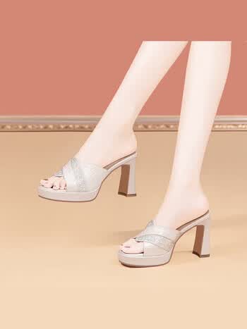 shihokoo水钻气质拖鞋女防水台皮拖牛皮外穿凉拖鞋真皮高跟厚底凉鞋女