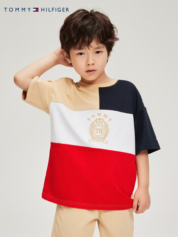 tommy童装男童夏装短袖t恤纯棉2022新款中大童洋气上衣潮卡其色1104