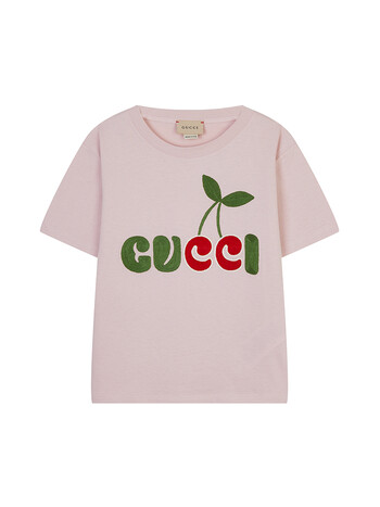 古驰 gucci 奢侈品童装 女童浅粉色棉质gucci樱桃印花圆领短袖t恤