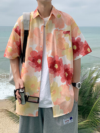 nasalike海边沙滩短袖衬衫男夏季薄款夏威夷度假风冰丝花大码宽松衣服