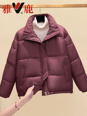 雅鹿免洗亮面羽绒棉服女2023冬季新款宽松短款立领棉衣小个子外套棉袄