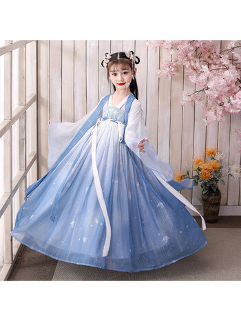 汉服汉元素唐制襦裙大袖衫超仙连衣裙儿童中国风春秋小女孩裙子 蓝色