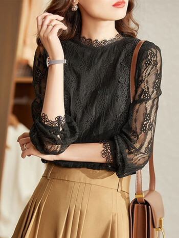 芷依丽蕾丝打底衫女春季2022新款蕾丝衫镂空上衣洋气减龄时尚小衫女装