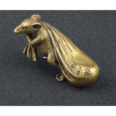 老鼠摆件精品古玩实心黄铜运财鼠老鼠背钱袋子黄金袋补财库纯铜桌.