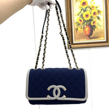 【二手99新】香奈儿(chanel)filigree大双c深蓝色绒布材质链条包单肩