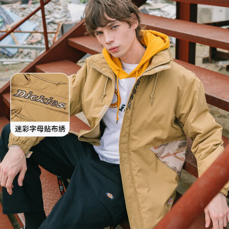 dickies棉服 迷彩面料拼接拉链连帽厚外套 棉服男DK0...