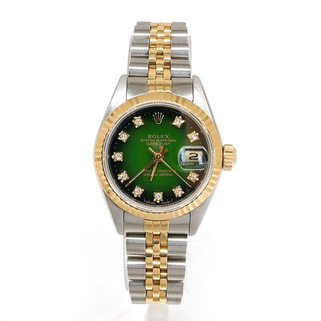二手95新劳力士渐变绿小钻自动机械女表26表径后镶钻69173