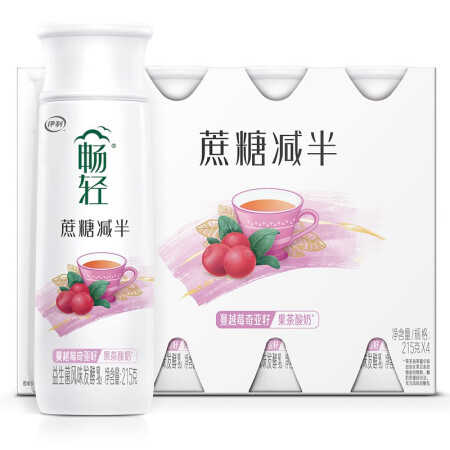 伊利 畅轻PET 蔓越莓奇亚籽红茶味 215g*4 低温酸奶...