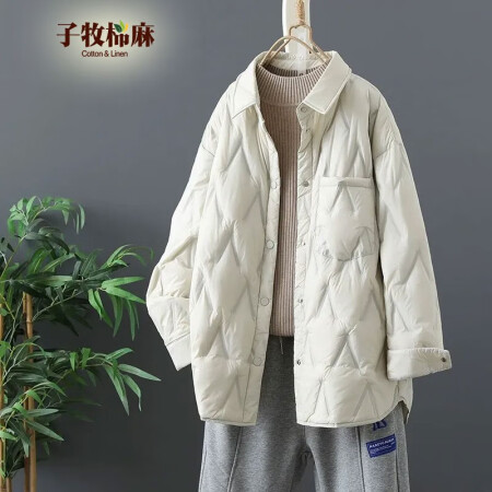 子牧棉麻2023冬装 女衬衫领棉服百搭宽松显瘦轻薄上衣棉衣外...