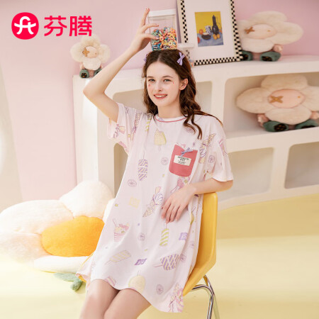 芬腾 睡裙女纯棉夏季新款少女可爱圆领蝶结短袖家居服女士睡裙 ...