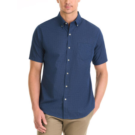 Van Heusen 男式无皱短袖系扣格子衬衫 碳蓝色 L