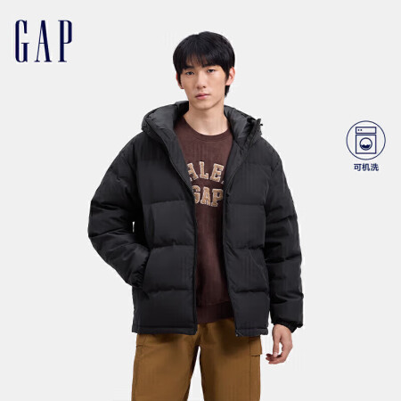 GAP男装秋冬徽章logo抽绳立领连帽羽绒服纯色外套6776...