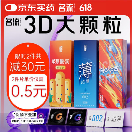 名流避孕套超薄玻尿酸安全套套狼牙颗粒螺纹不射空气72只男女计...