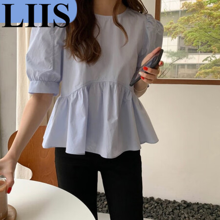LIIS泡泡袖衬衫女夏季新款法式hic小众设计感套头圆领上衣...