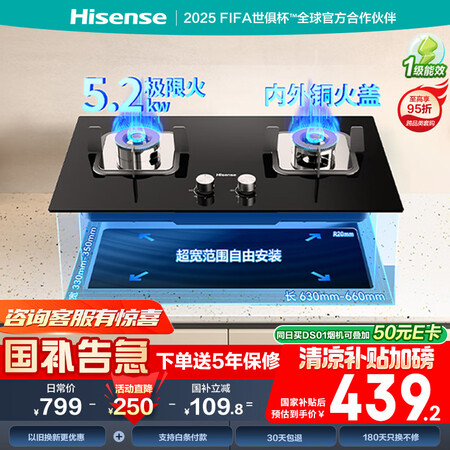 海信（Hisense）家用燃气灶双灶具5.2kW大火力63%...