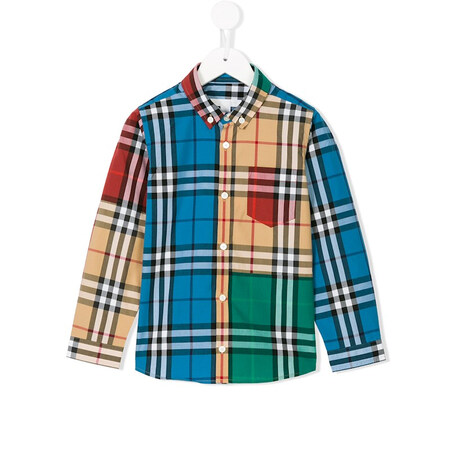 burberry junior巴宝莉儿童经典格纹纯棉撞色小翻领长袖衬衫 蓝色 8