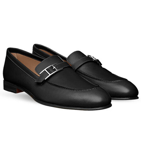 奢爵仕全球购 hermes爱马仕男鞋 钯双h扣小牛皮便鞋h171435zh7 黑色