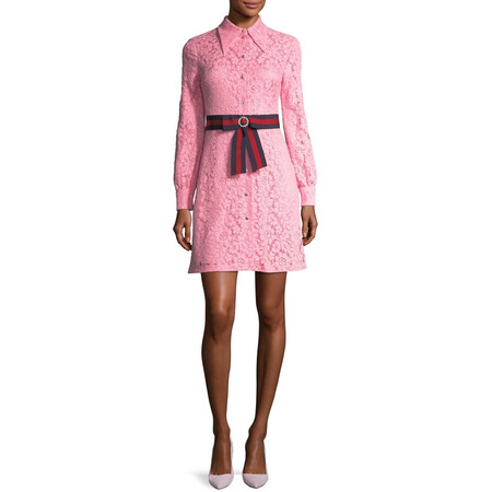 古驰/女装 14696 cluny waistband, 织物粉色蕾丝连衣裙 pink 46 it