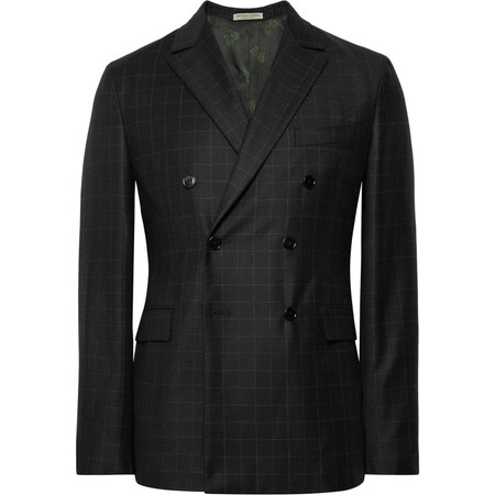 宝缇嘉/bv男装 木炭色双排扣窗格纹羊毛西装外套 67178 charcoal 50