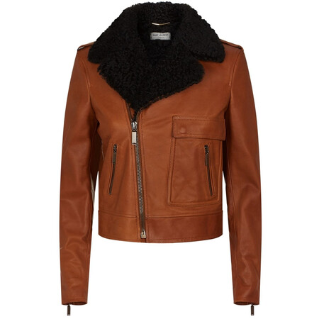 伊夫圣罗兰/ysl 33350 毛羊皮边皮革骑士夹克 brown fr 36