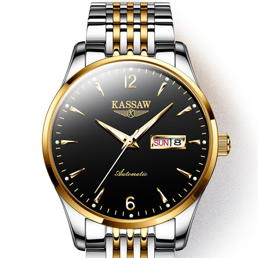 卡梭kassaw正品手表男士商务精钢带全自动机械表夜光双日历时尚腕表